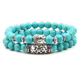2PCS Silver Buddha Head Lava Skeleton Turquoise Bead Bracelet Set