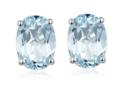 HUTANG Aquamarine Women's Stud Earrings Natural Blue Gemstone Solid 925 Sterling Silver Fine Elegant Classic Jewelry for Gift