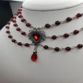 Oxidized Silver Filigree Garnet Three-Strand Choker Necklace