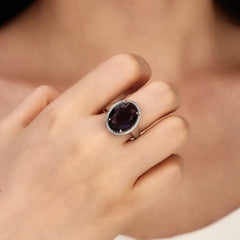 Stylish Oval Amethyst Halo Sterling Silver Ring