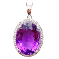 Luxury Oval Cut Amethyst Birthstone Pendant with Diamond Accent Halo