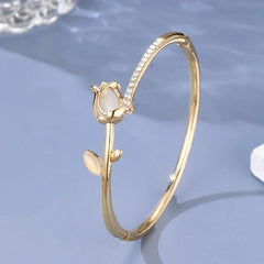 Korean Exquisite Opal Tulip Bracelet For Women Light Luxury Shiny Zircon Elegant Flower Bangle Party Banquet Charm Jewelry Gifts