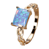 Square Stone Blue Fire Opal Engagement Rings For Women Vintage Gold Color White Zircon Wedding Band Birthstone Jewelry Gift