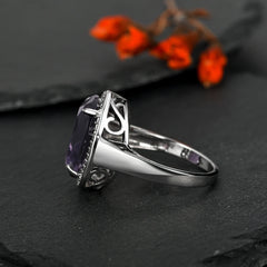 Stylish Oval Amethyst Halo Sterling Silver Ring