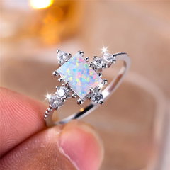 Cute Female Natural White Fire Opal Stone Square Ring Real 925 Sterling Silver Wedding Jewelry For Women