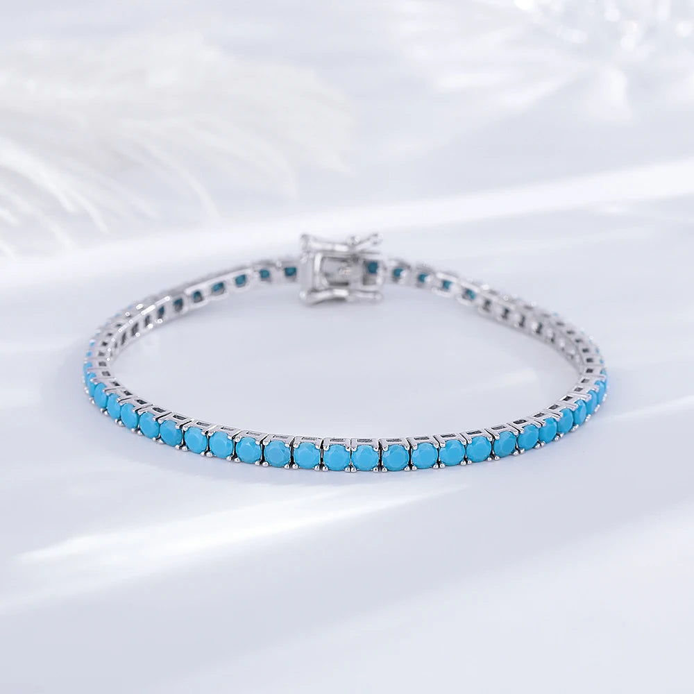 YLMyself 925 Silver Tennis Bracelet 3mm Turquoise Stone White Cubic Zircon Fine Jewelry Gift for Women