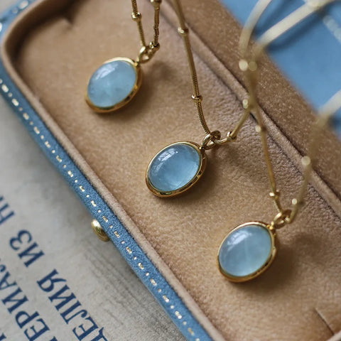 Gold Plated Beads Chain Aquamarine Pendant Necklace
