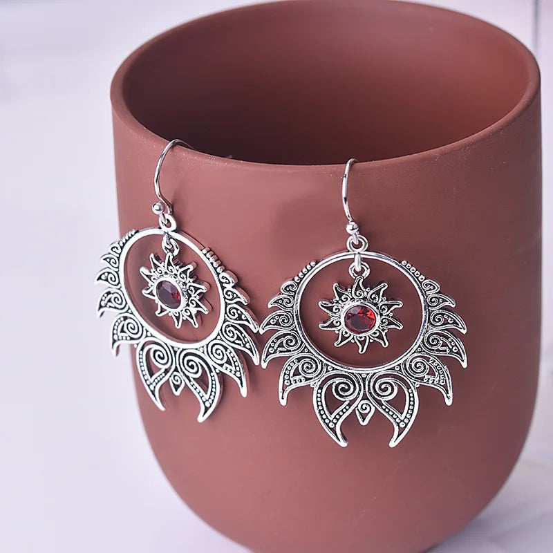 Large Silver Sunburst Garnet Birthstone Earrings