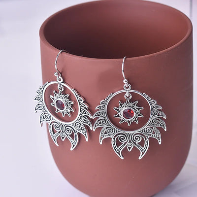 Large Silver Sunburst Garnet Birthstone Earrings