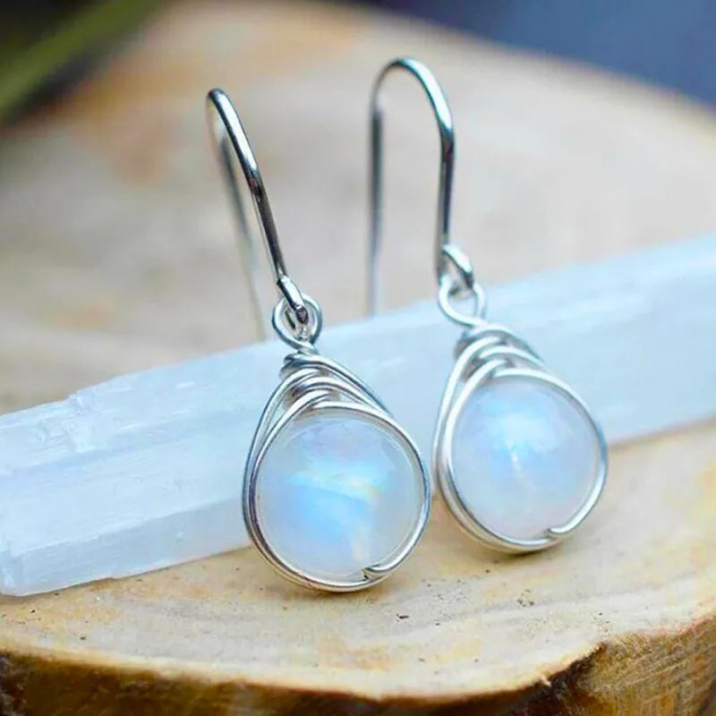 Dainty Female White Moonstone Drop Earrings Cute Silver Color Dangle Earrings For Women Trendy Bridal Round Wedding Earring