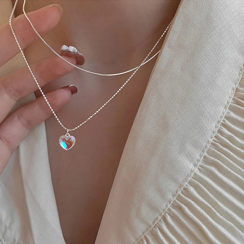 Double Love Heart Moonstone Pendant Necklace