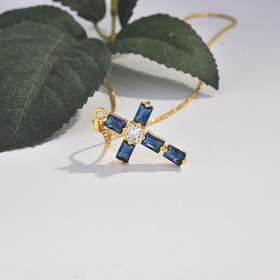18k Yellow Gold Cross Pendant Necklace with Sapphire