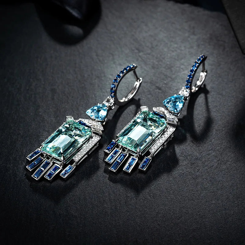 Long Silver Simulation Aquamarine Gemstone Earrings