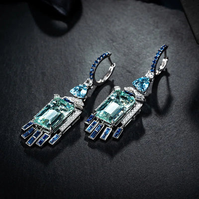 Long Silver Simulation Aquamarine Gemstone Earrings