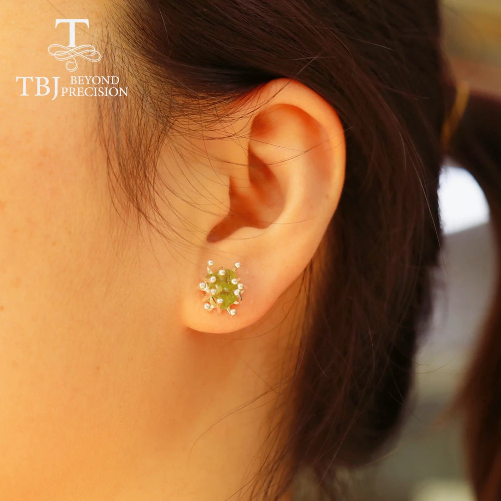 TBJ Blooming flower design Handmade Natural Peridot gemstone Rough earring 925 sterling silver fine jewelry for girls nice gift