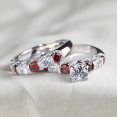 Garnet Couple Ring - White Gold Color Heart Garnet Ring Men Stainless Steel Wedding Engagement Band Valentine Day Gift Jewelry
