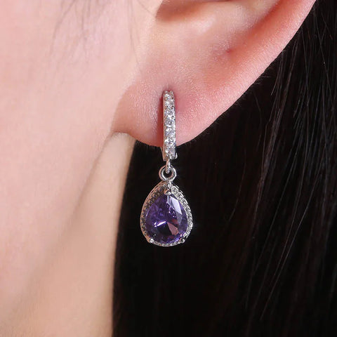 925 Sterling Silver Water Drop Amethyst Earrings