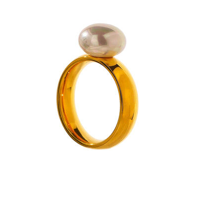 Yhpup Elegant Shell Pearl Ring Fashion Gold Stainless Steel Metal Texture 18 K Plated Geometric Charm Jewelry Women Engagement