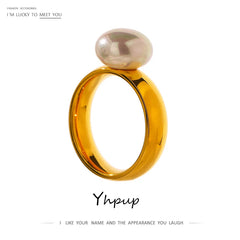 Yhpup Elegant Shell Pearl Ring Fashion Gold Stainless Steel Metal Texture 18 K Plated Geometric Charm Jewelry Women Engagement