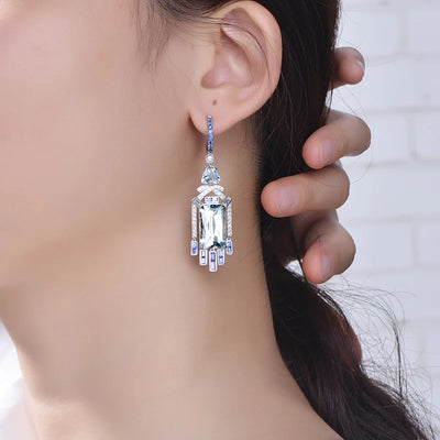 Long Silver Simulation Aquamarine Gemstone Earrings