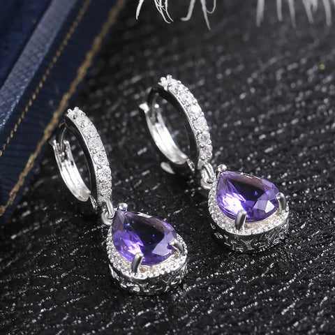 925 Sterling Silver Water Drop Amethyst Earrings