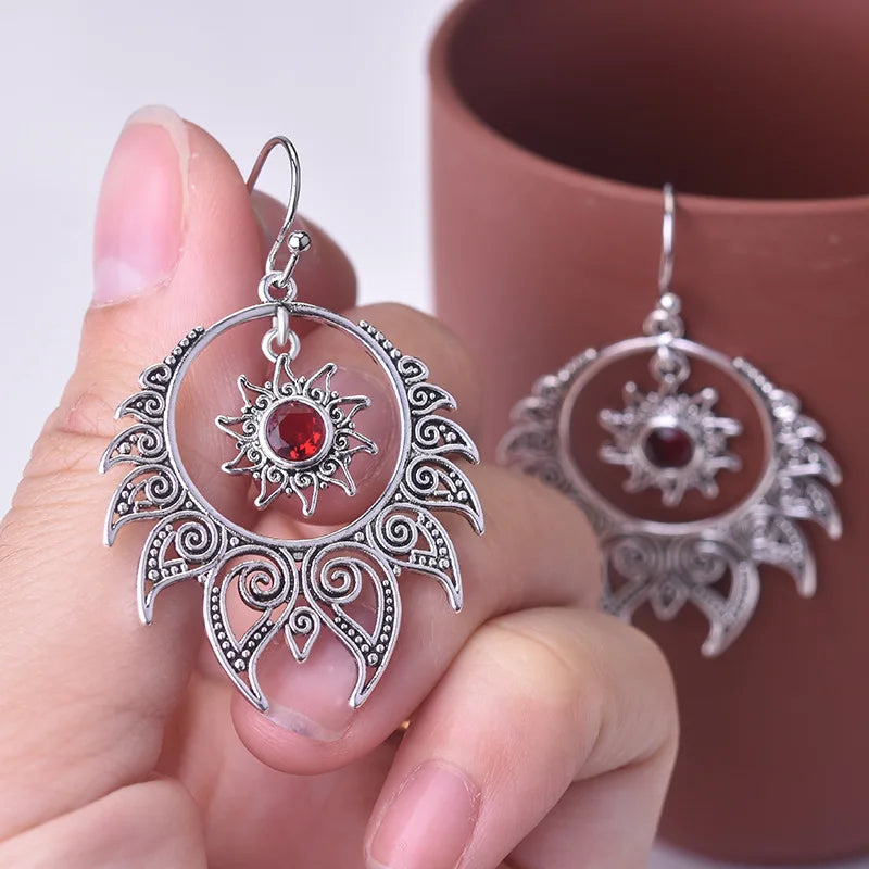 Large Silver Sunburst Garnet Birthstone Earrings