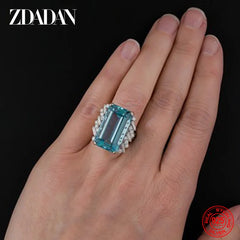 925 Sterling Silver Charm Square Aquamarine Ring For Women Fashion Wedding Jewelry Gift