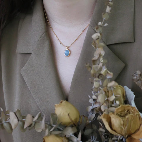 Gold Plated Beads Chain Aquamarine Pendant Necklace
