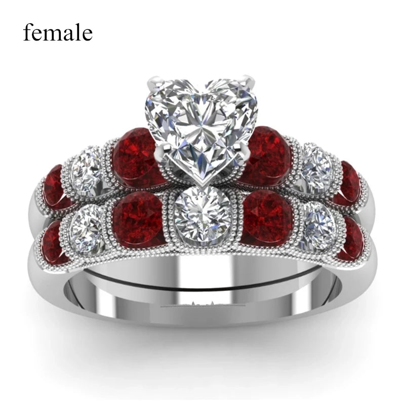 Garnet Couple Ring - White Gold Color Heart Garnet Ring Men Stainless Steel Wedding Engagement Band Valentine Day Gift Jewelry