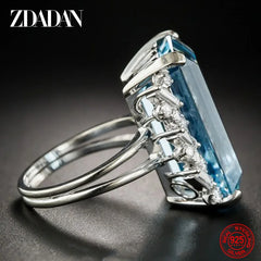 925 Sterling Silver Charm Square Aquamarine Ring For Women Fashion Wedding Jewelry Gift