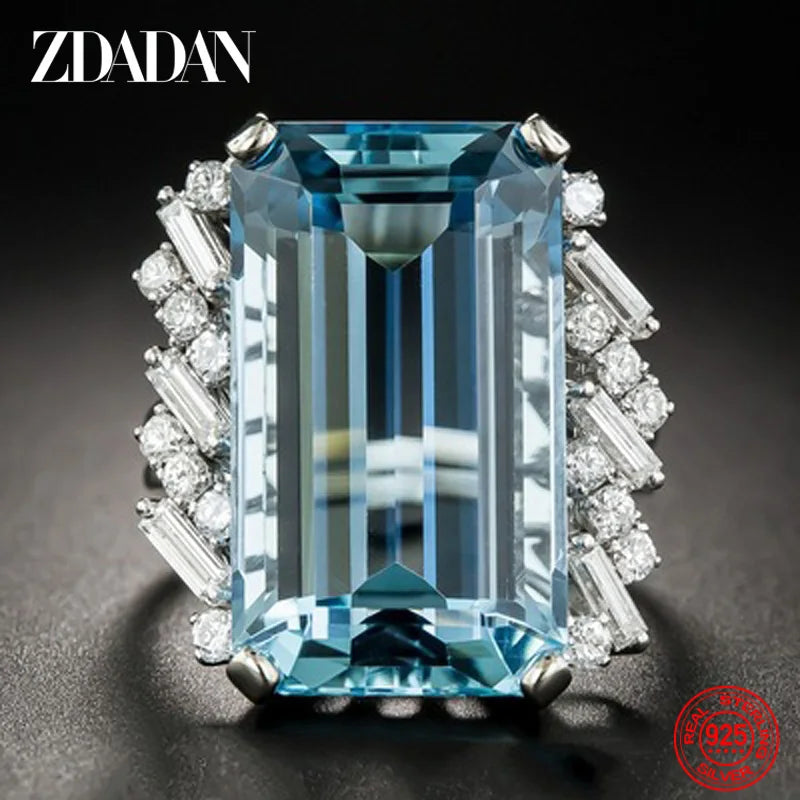 925 Sterling Silver Charm Square Aquamarine Ring For Women Fashion Wedding Jewelry Gift