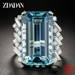 925 Sterling Silver Charm Square Aquamarine Ring For Women Fashion Wedding Jewelry Gift