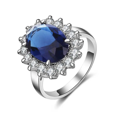 925 Sterling Silver Oval Sapphire Flower Ring