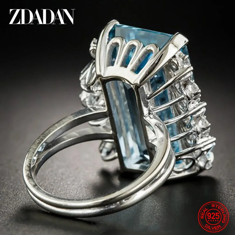 925 Sterling Silver Charm Square Aquamarine Ring For Women Fashion Wedding Jewelry Gift