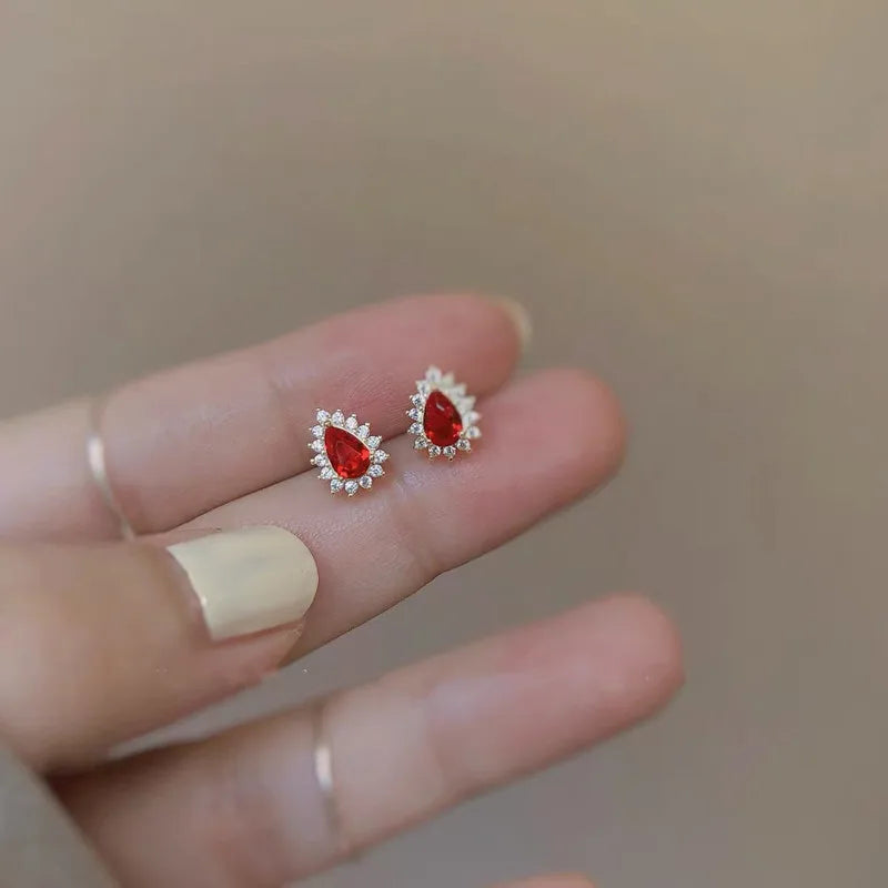 WOOZU 14k Gold Plated Real 925 Sterling Silver Luxury Ruby Zircon Stud Earrings For Women Party Korean GirlFriend Jewelry Gift