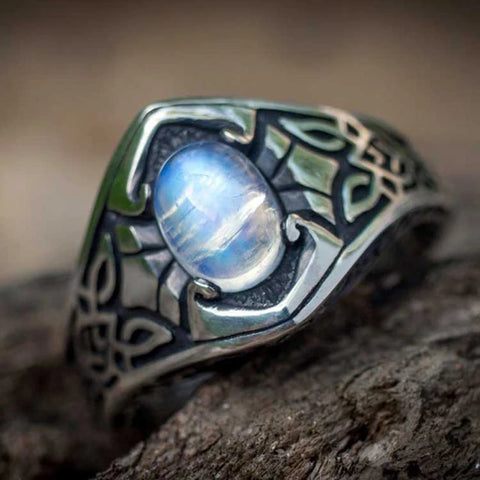 Vintage Nordic Celtic Carving Moonstone Ring