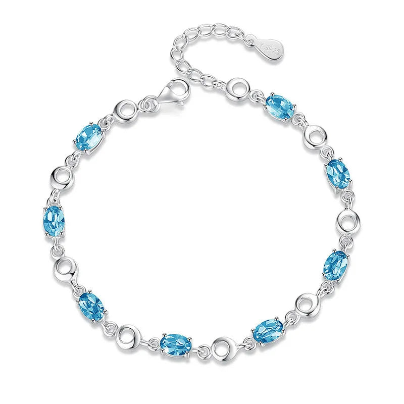 925 Sterling Silver Topaz Women's Bracelets with zircons Blue Sapphire Color Gemstone Bracelet for Woman Girl Birthday Gift