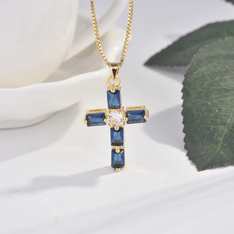 18k Yellow Gold Cross Pendant Necklace with Sapphire
