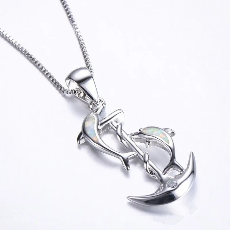 Cute Dolphin Anchor Fire Opal Necklace