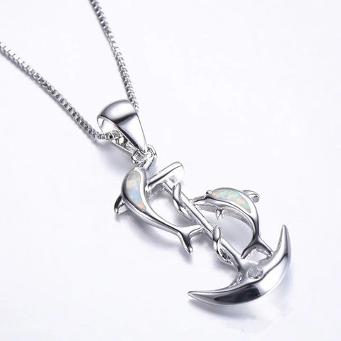 Cute Dolphin Anchor Fire Opal Necklace