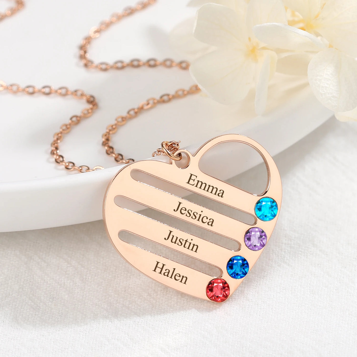 Personalized Engraved Heart Necklace with Birthstones