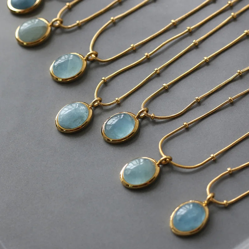 Gold Plated Beads Chain Aquamarine Pendant Necklace