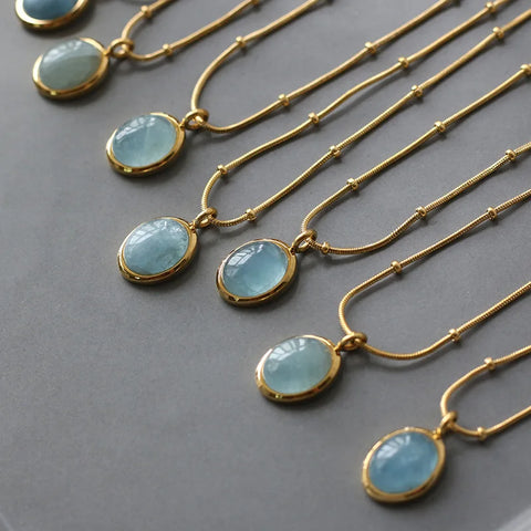Gold Plated Beads Chain Aquamarine Pendant Necklace