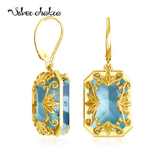 Real 100% 925 Silver Earrings Aquamarine 14K Gold Plated Drop Earrings For Women Fine Jewelry Wedding Gift Handmade