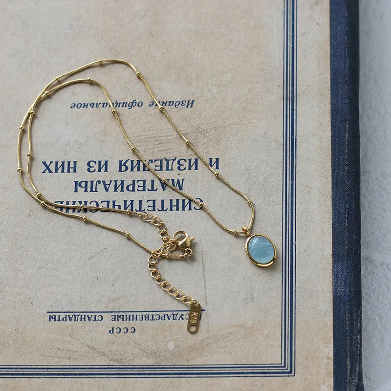 Gold Plated Beads Chain Aquamarine Pendant Necklace