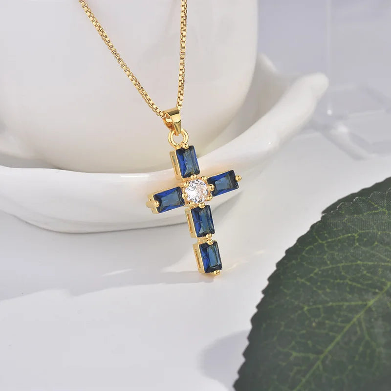 18k Yellow Gold Cross Pendant Necklace with Sapphire