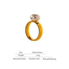Yhpup Elegant Shell Pearl Ring Fashion Gold Stainless Steel Metal Texture 18 K Plated Geometric Charm Jewelry Women Engagement