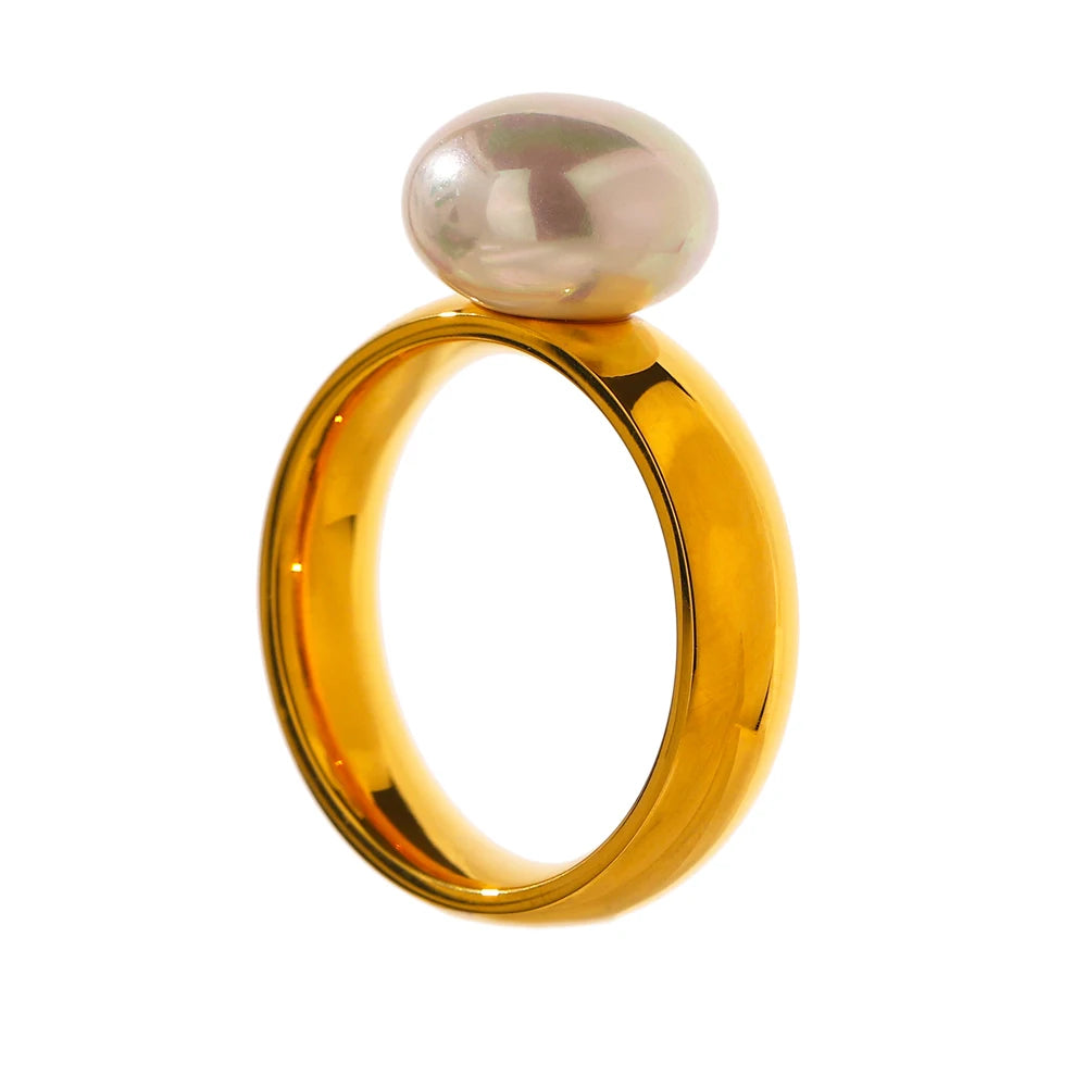 Yhpup Elegant Shell Pearl Ring Fashion Gold Stainless Steel Metal Texture 18 K Plated Geometric Charm Jewelry Women Engagement