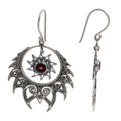 Large Silver Sunburst Garnet Birthstone Earrings