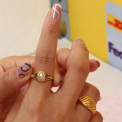 18K Gold Plated Hollow Texture Natural Freshwater Pearl Rings For Women